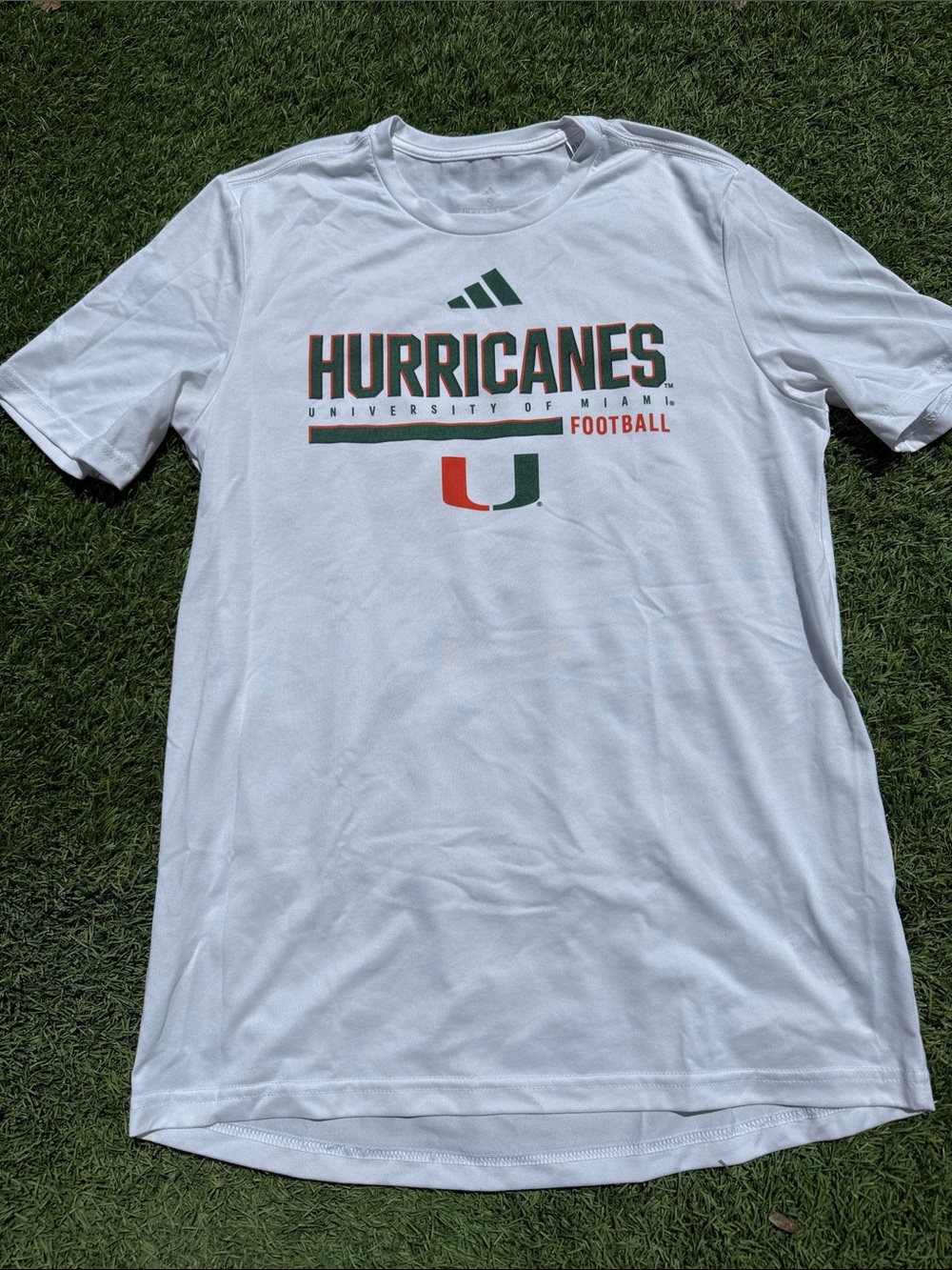 adidas White Hurricanes Football Tee with Green and Orange Logo